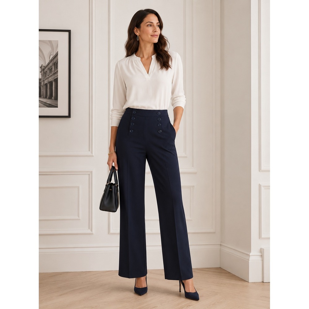 Talbots Dress Pants Women 16 Petite Navy Blue Button Accent Office Business Work